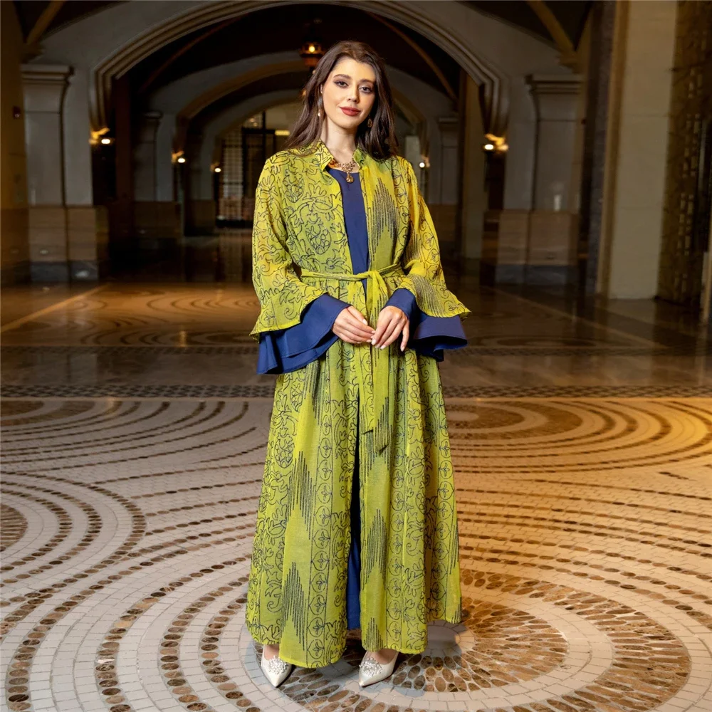 

2 Pieces Set Women Muslim Open Abaya Sleeveless Maxi Dress Dubai Turkey Kaftan Kimono Caftan Gulf Jalabiya Longue Vestidos Largo