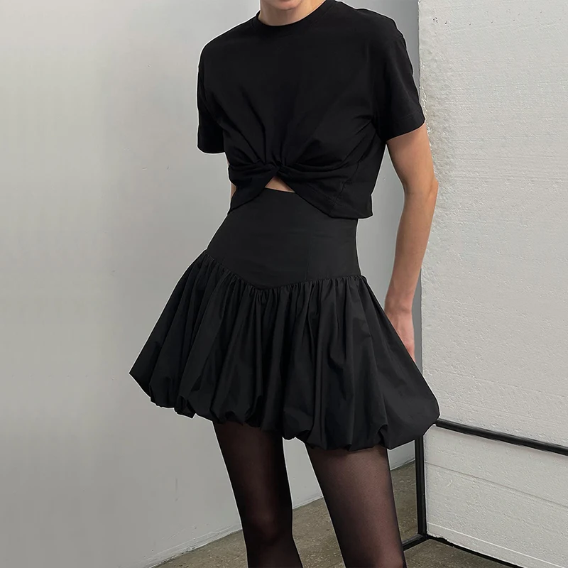 OMSJ Y2K Vintage Chic Women's Pleated Bubble Mini Skirt Casual Solid Color Puff Balloon A-line Skirt Hotsweet Fashion Streetwear