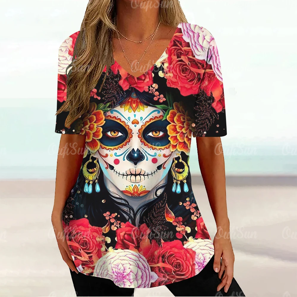 2024 Vintage Skull Face Women\'s T Shirt Tops V Neck Blouses Casual Short Sleeve Pullover Summer Female Harajuku Punk Streetwear