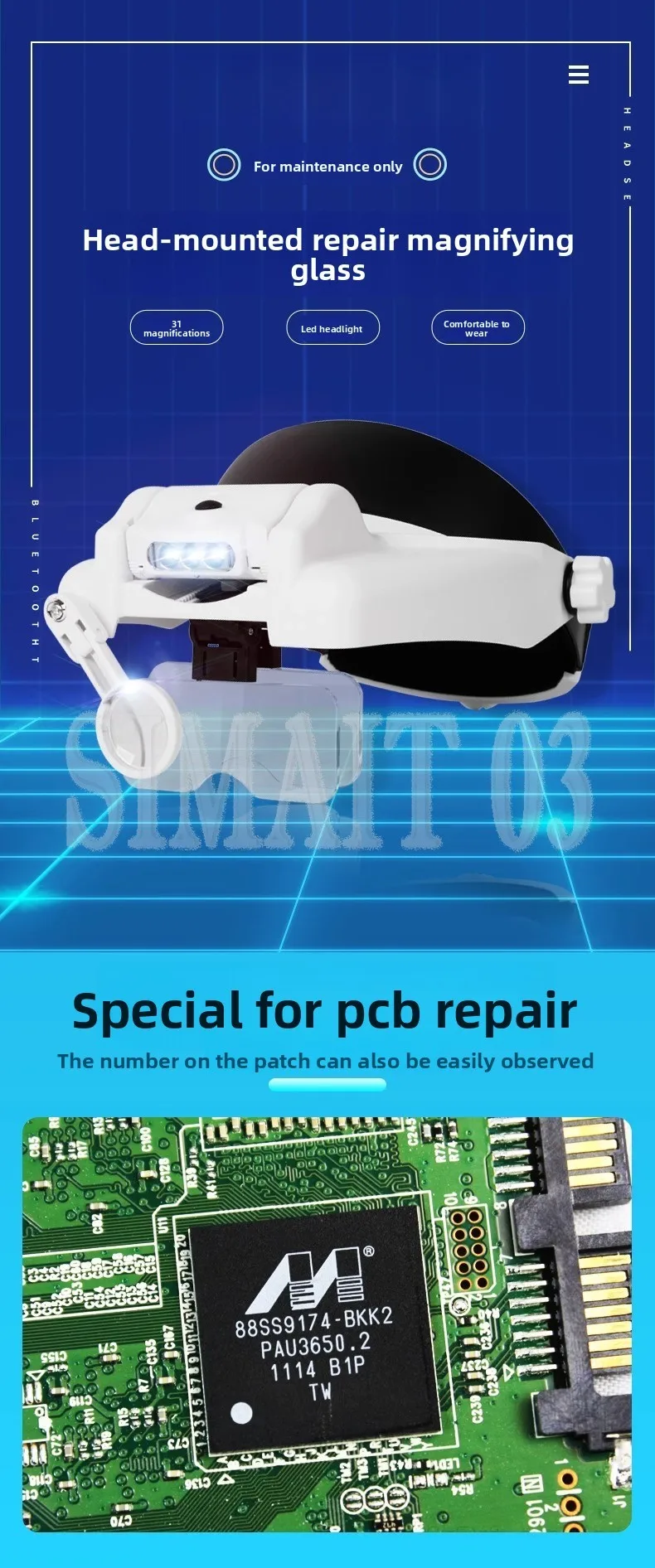 "مكبر عصابة الرأس مع LED - مجموعة 5 عدسات قابلة لإعادة الشحن لإصلاح الدوائر وصناعة الساعات"