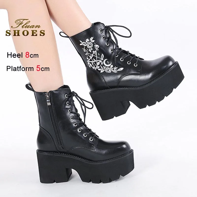 

Fashion Platform Shoes Women Chunky Sole Casual Knight Boots Fashion Embroidery Side Zipper Short Boots Thick Soled Ankle Boots