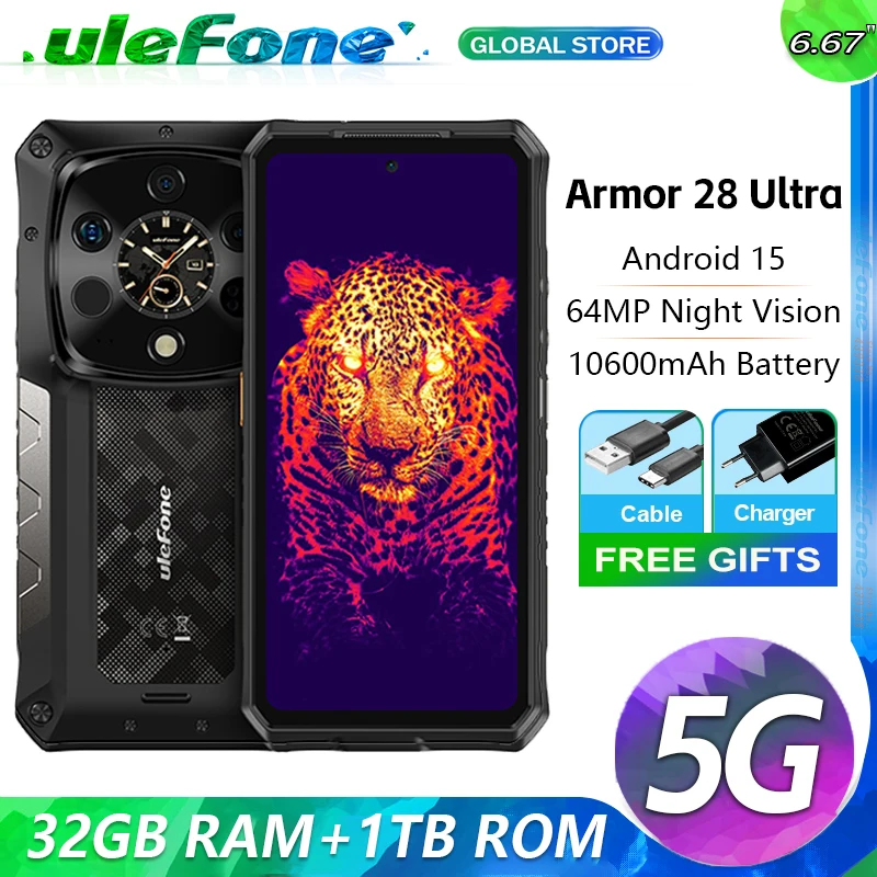 Ulefone Armor 28 Ultra، 5G تصوير حراري متين AI، 32 جيجابايت (16+16) + 1 تيرابايت Гб، 10600 مАч، 6.67 بوصة الأبعاد 9300+، 64 ميجابكسل، أندرويد 15، NFC، 120 وات #1