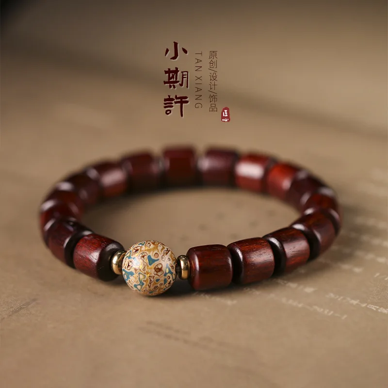 Natural Rosewood Mori Style Temperament Retro Style Paint Bead Spacer Single Circle Bracelet Green Sandalwood Style for Women