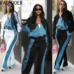 FAGADOER Color Block 2 Piece Sets Women Outfit Casual Color Patchwork Lapel Zip Jackets And High Waist Pants Suit Streetwear New