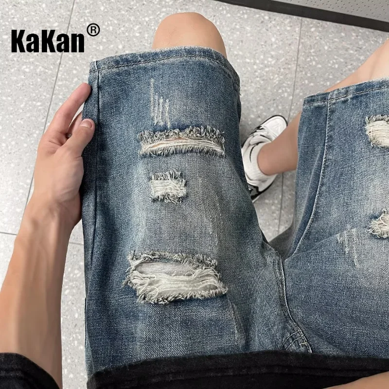 Kakan - New Summer Distressed Denim Shorts for Men, Korean Version Trendy and Versatile Straight Fit Quarter Pants Jeans K58-S13