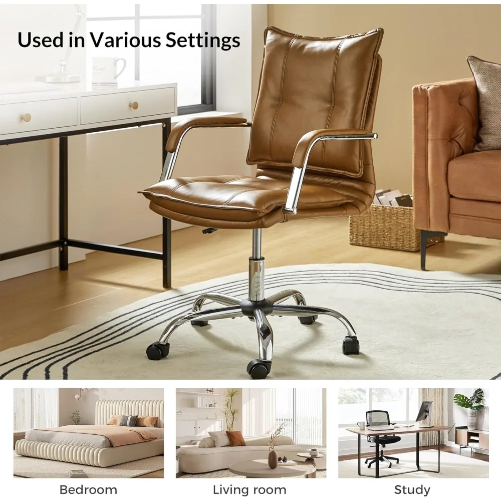 كرسي مكتب منزلي من الجلد الصناعي، كرسي كمبيوتر دوار قابل للتعديل مع أرجل وأذرع فضية، مريح منجد