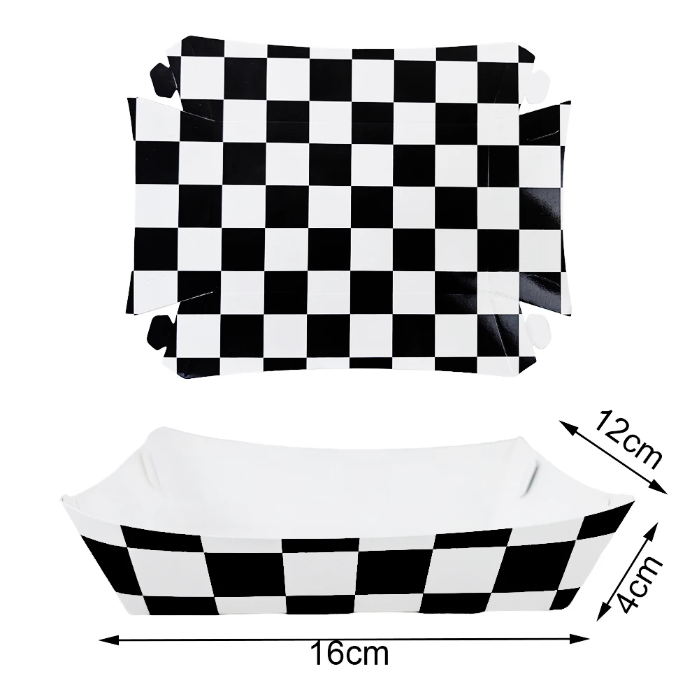 12pcs/Set Race Car Paper Food Trays Checkered Black and White Hot Dog Popcorn Snack Boat Box Racing Flag Birthday Party Supplies