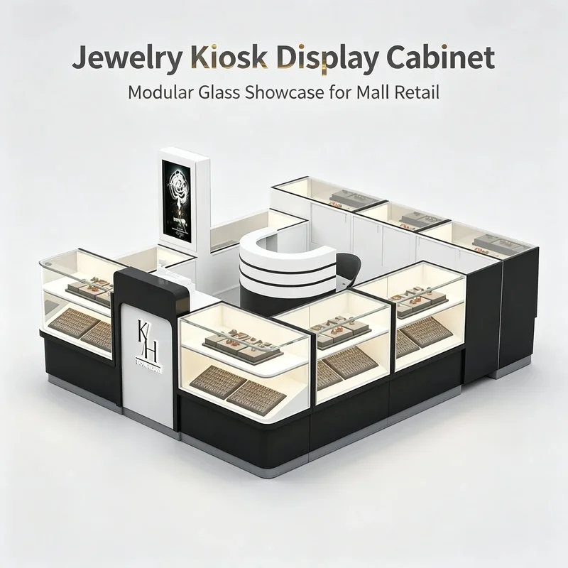 custom.Custom Mall Jewelry Kiosk Tempered Glass Display Counter LED Light Digital Advertising Screen Retail Showcase