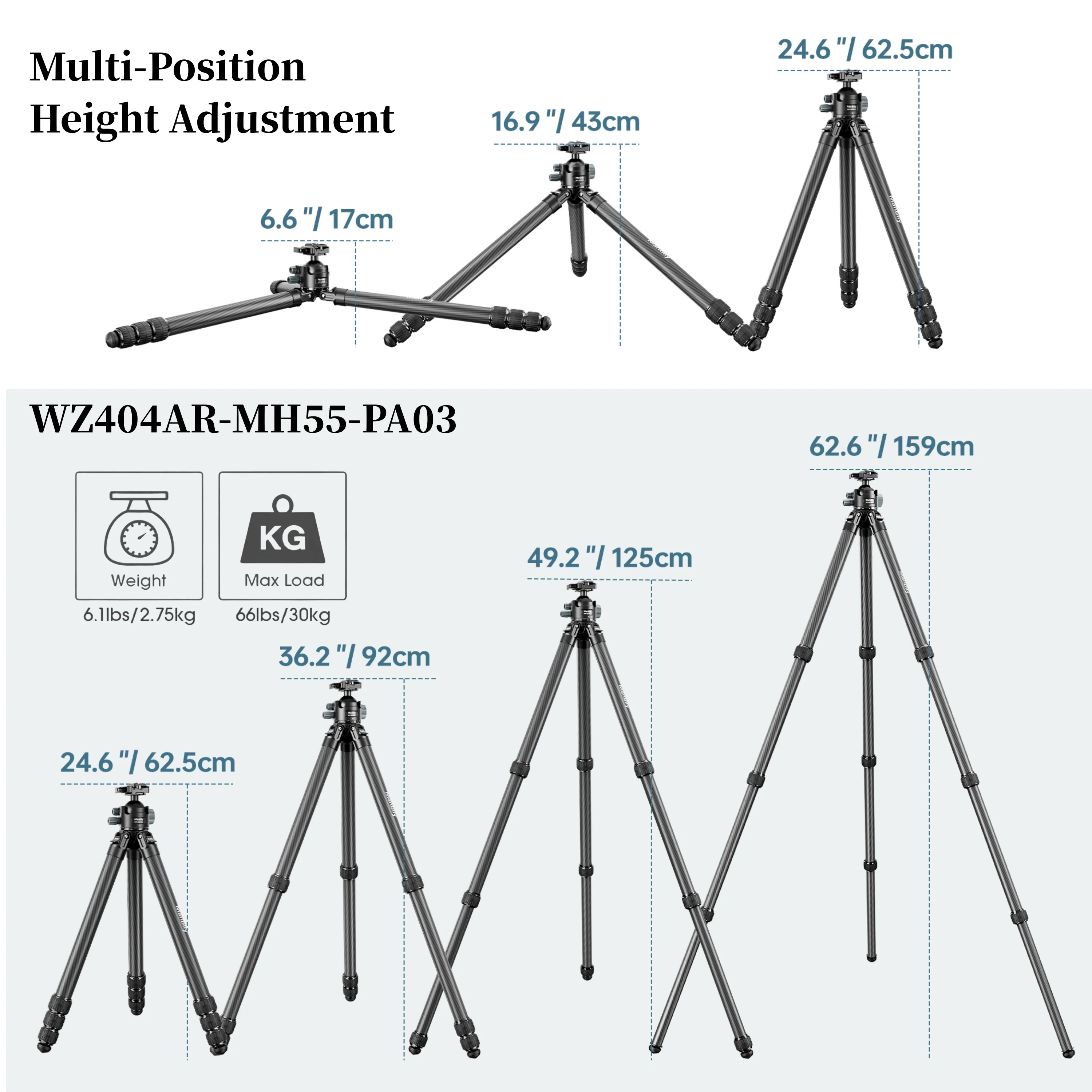 Manbily WZ-404AR 58.7Inch Carbon Fiber Tripods Heavy Duty Outdoor Tripod for Hunting with MH-55 Max.Load 30kg