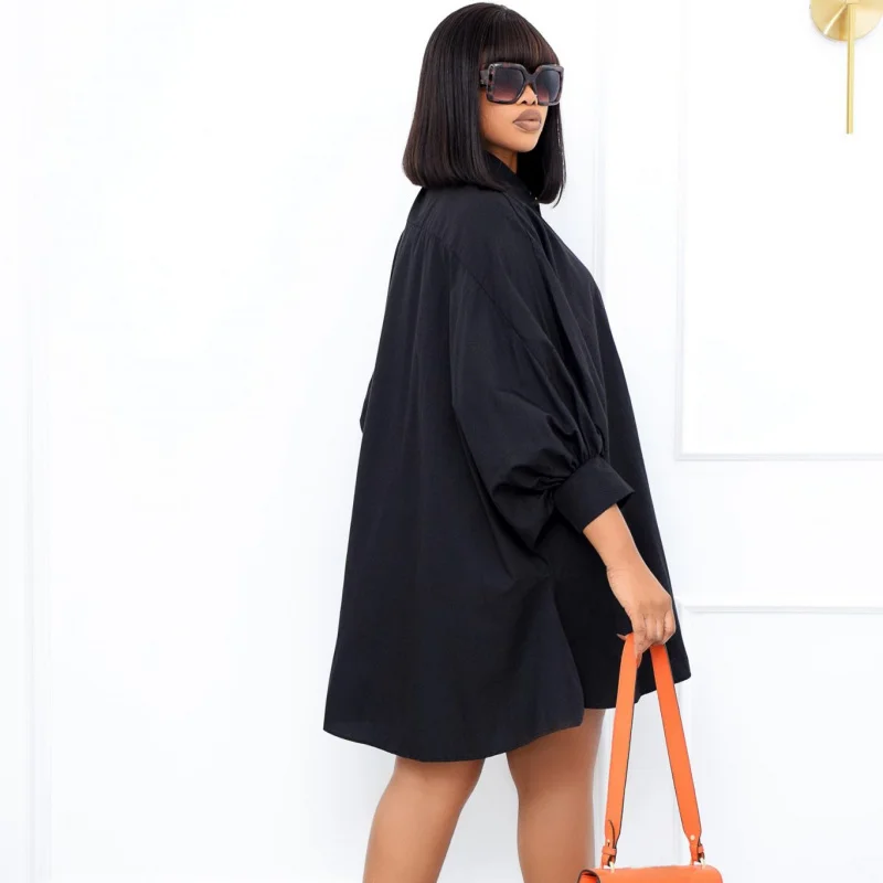 유럽 및 미국 여성 의류 봄 신상 루즈핏 캐주얼 기품있는 칼라 솔리드 컬러 플러스 사이즈 셔츠 드레스