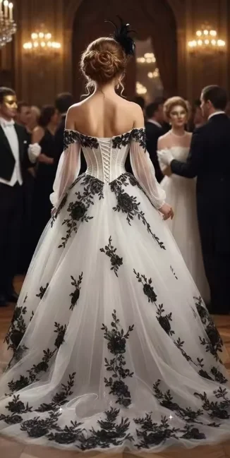 Vintage Black And White Wedding Dress Long Sleeves Gothic Bridal Gown Lace Appliques Lace-Up Corset Bride Wear Customized