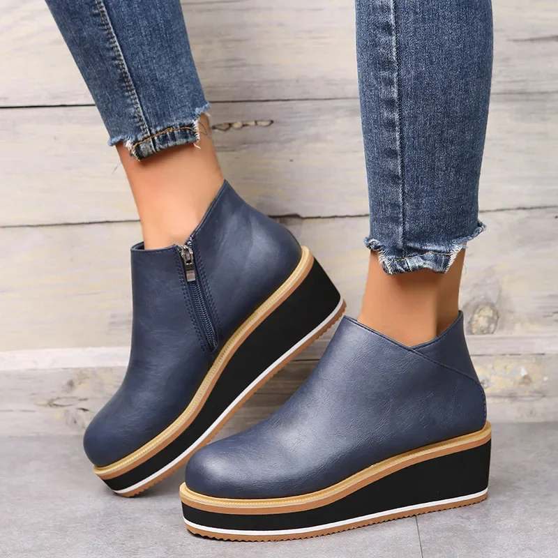 Women\'s Autumn Boots Round Toe Comfortable Platform Shoes Non-Slip Casual Lady Ankle Boots Side Zip Retro Female Mujer Zapatos