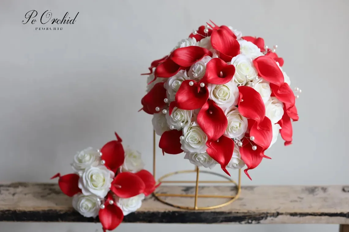 PEORCHID Ramo Boda 2025 Faux Ivory Red Real Touch Calla Lilies Roses Bridal Bouquet Vintage Fake Flowers Wedding Bouquets