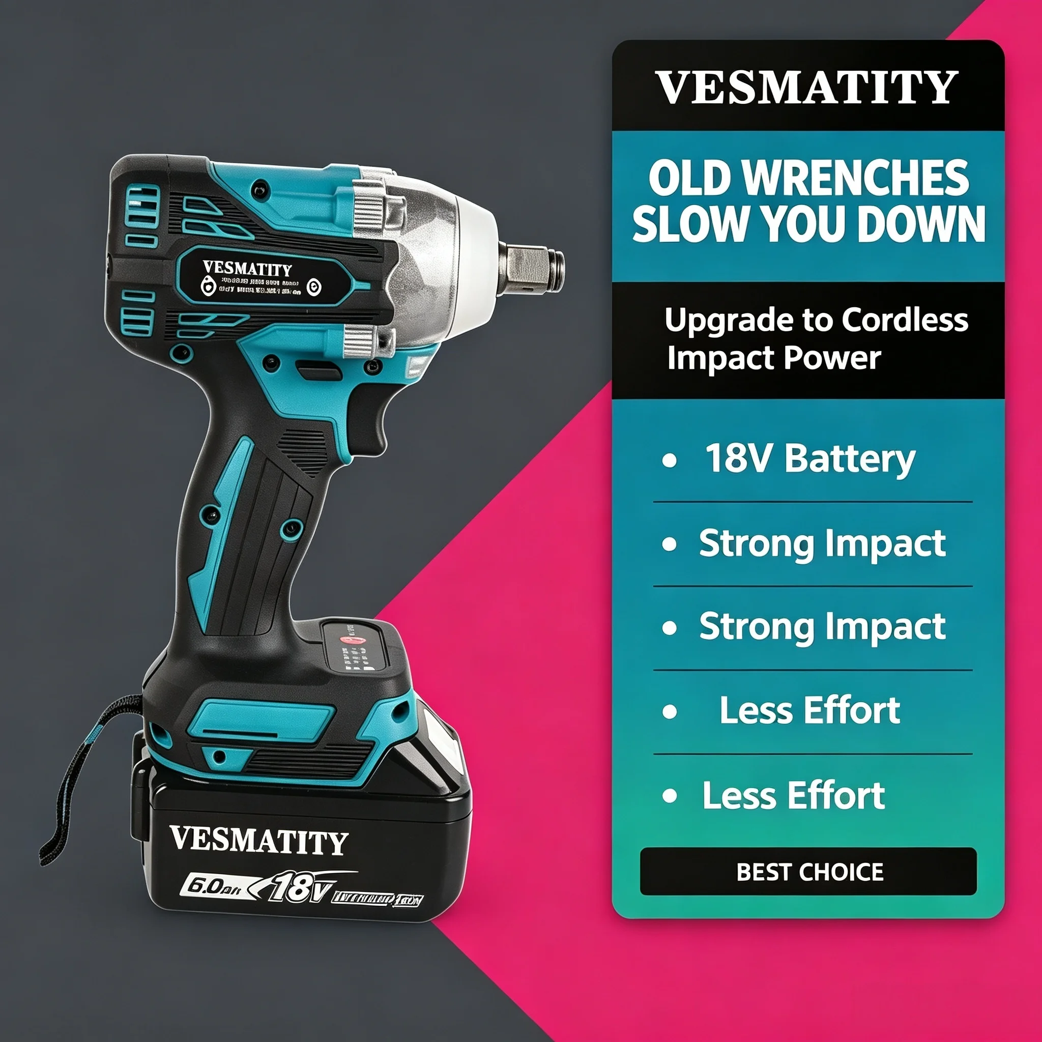 Drive Power Tool for 18V-20V Battery Heavy Duty VESMATITY DTW300 18V Brushless Cordless Impact Wrench 280N.m 1/2 Inch