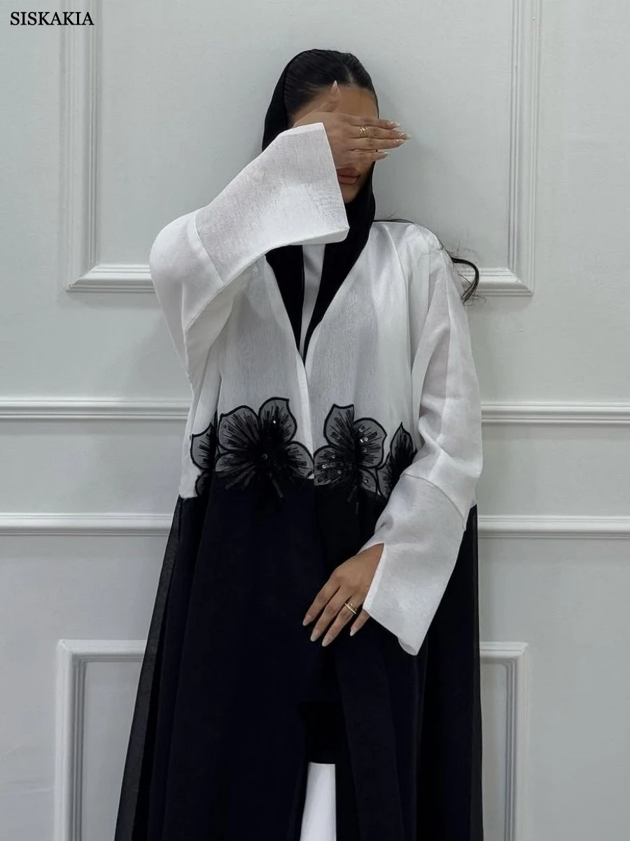 Siskakia Mode Dubai Applikationen Strickjacke Muslimische Frau Pailletten Patchwork Offene Abaya