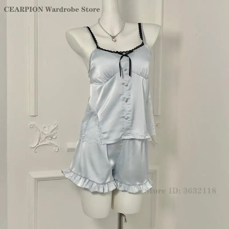

Female Pajamas Set Sexy Lingerie Strap Top&Shorts Homewear Suspender Patchwork Lace Pijamas Suit Silky Satin Pyjama Loungewear