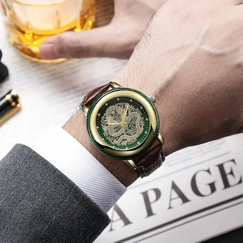 Vintage Green Jade Watch Diamond Inlay Quartz Wristwatch Couple Clock Male Female Luxury Gold 12 Zodiac Carving Dragon Watches