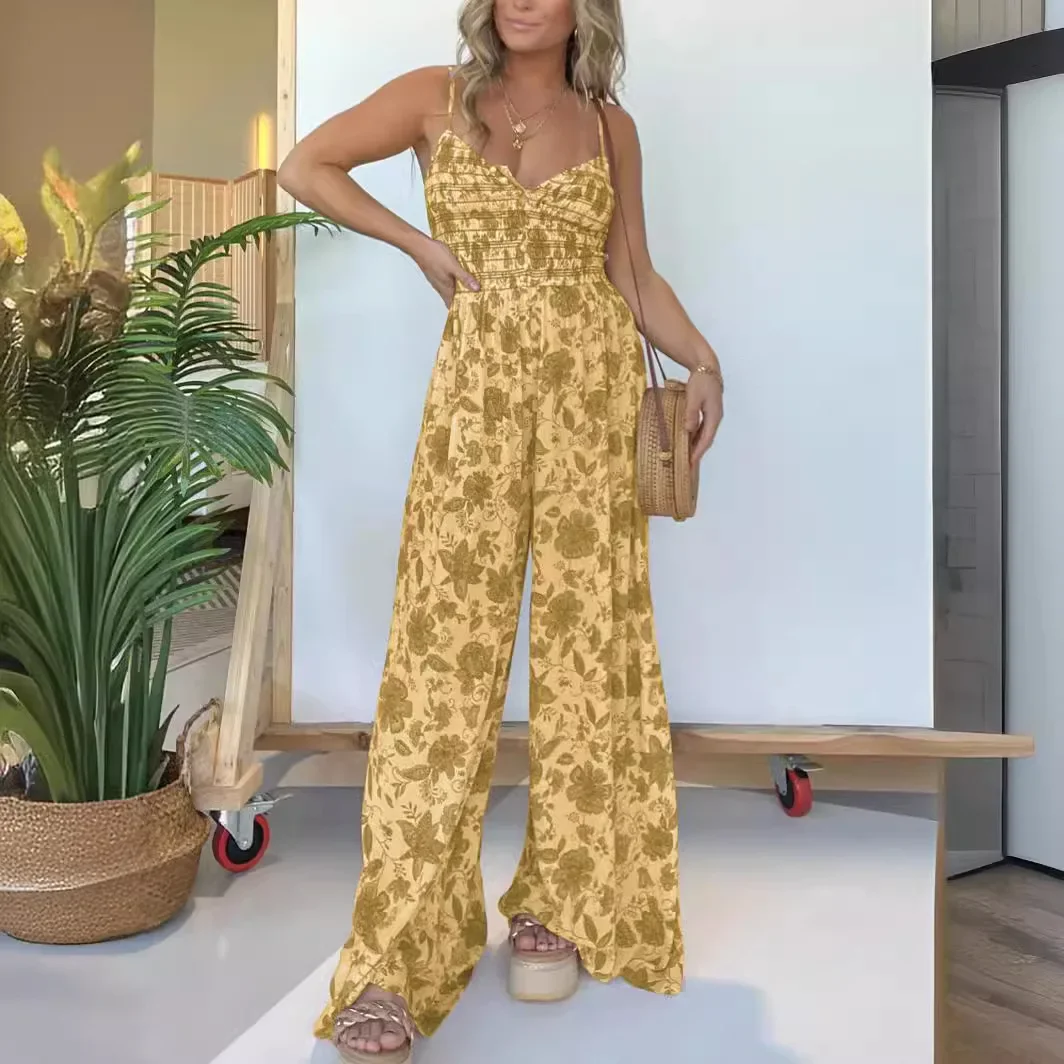 Frauen Ein Stück Drucken Floral Overalls Ärmellose V-ausschnitt Schlinge Strampler Breite Bein Lange Hosen Overalls Sexy Hight Taille Sommer