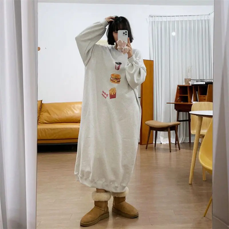 Autumn Winter New O-Neck Fleece Dress Women Pullover Print Korean Version Loose Lazy Patchwork Oversized Long Sleeve Dresses