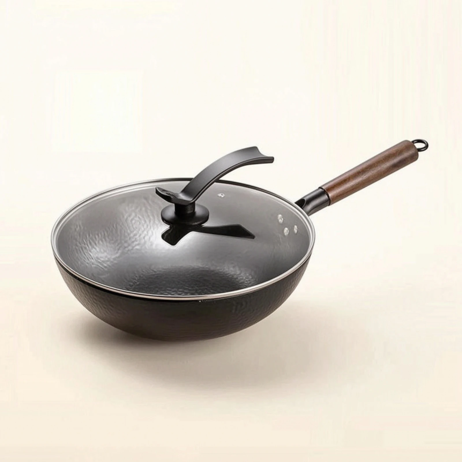 Wok with Lid Hand-Forged Iron Wok Cookware Heavy-Duty for Chefs, Daily Cooking, Kitchen