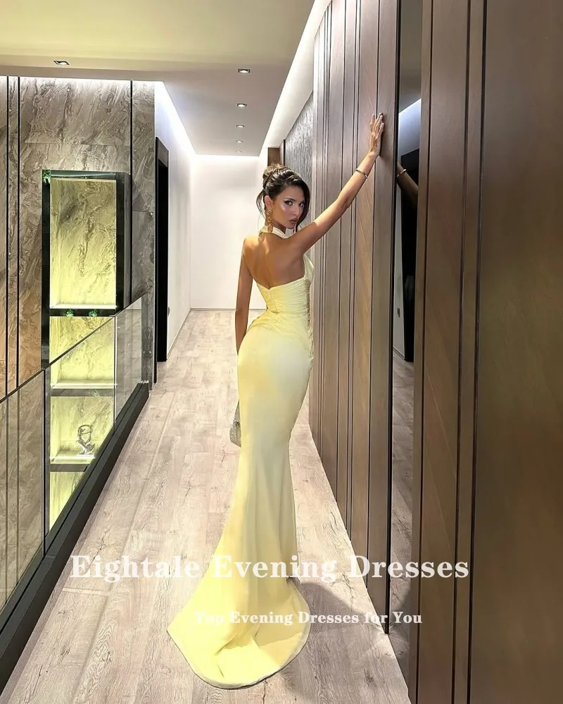 Robe de soirée arabe de quatre-quarts, col licou, personnalisée, en mousseline de soie, plis jaunes, sirène, robe de bal de mariage