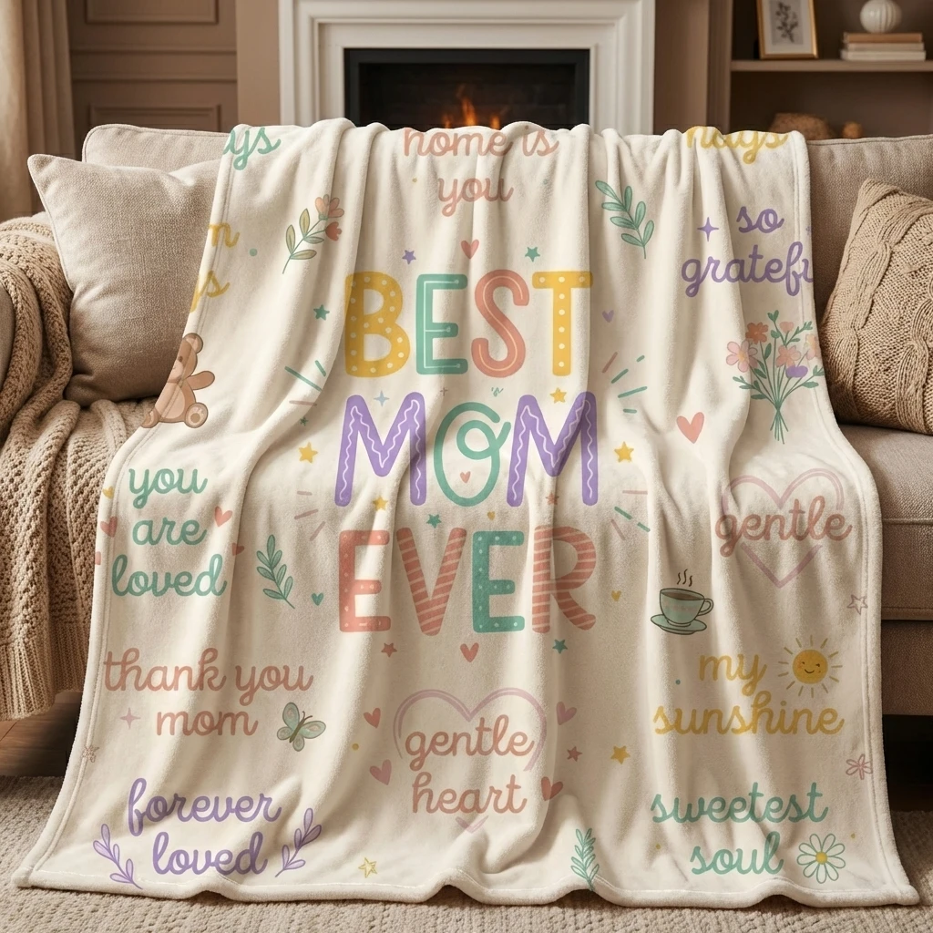 Soft Mom Appreciation Word Art Flannel Throw Blanket, Ultra Soft All-Season Throw Blanket as Gift for Mom
