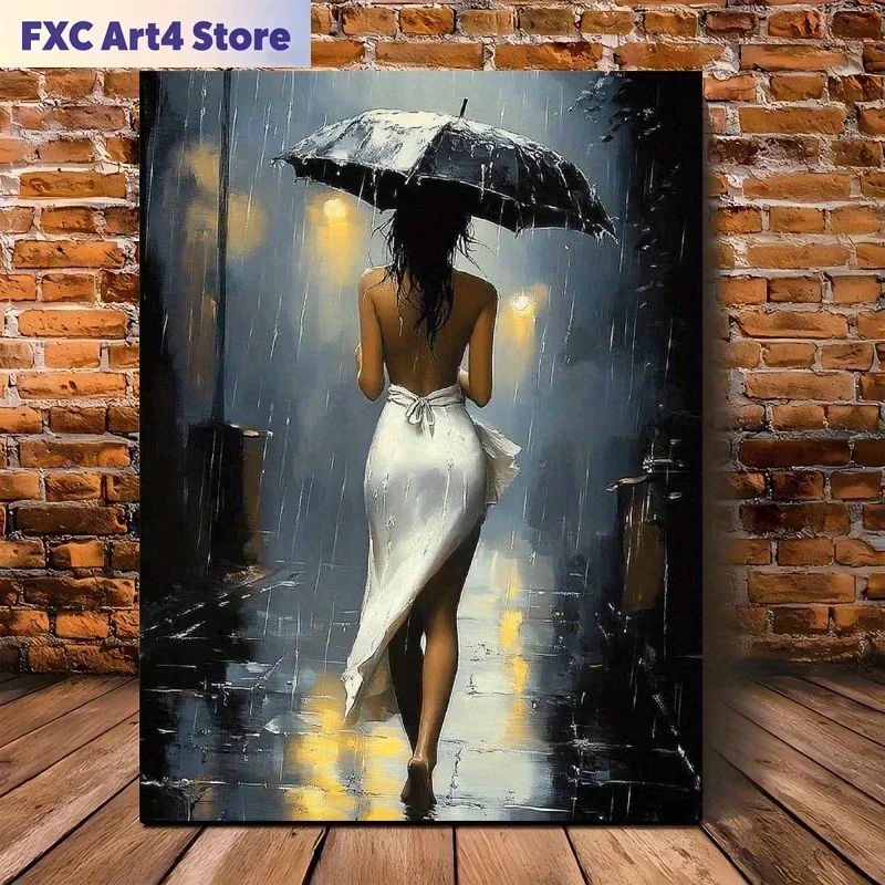 Frameless [Elegant Style] Romantic Rainy Night Canvas Art with  Frame–Elegant Umbrella Street Scene, Perfect for Living Room,Bed