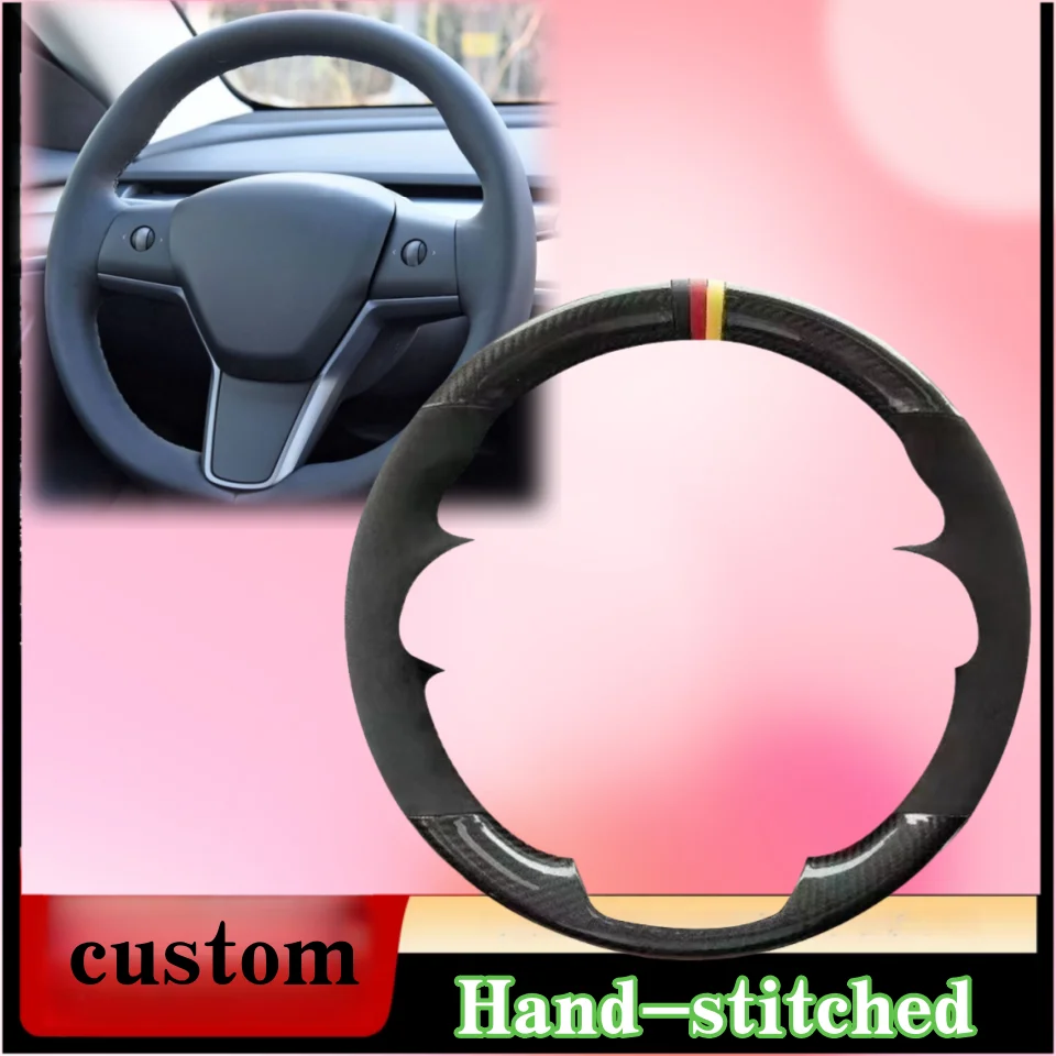 

Custom Hand-stitched Carbon Fiber Leather Car Steering Wheel Cover Anti-slip For Tesla Model 3 2015-2021 Model Y 2019-2021