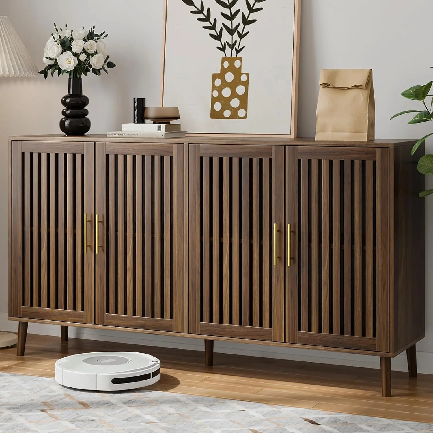 

Buffet Cabinet with Storage, 63 Walnut Side Panels, Grille Doors and Adjustable Shelves, Wooden Coffee Bar in Kitchen