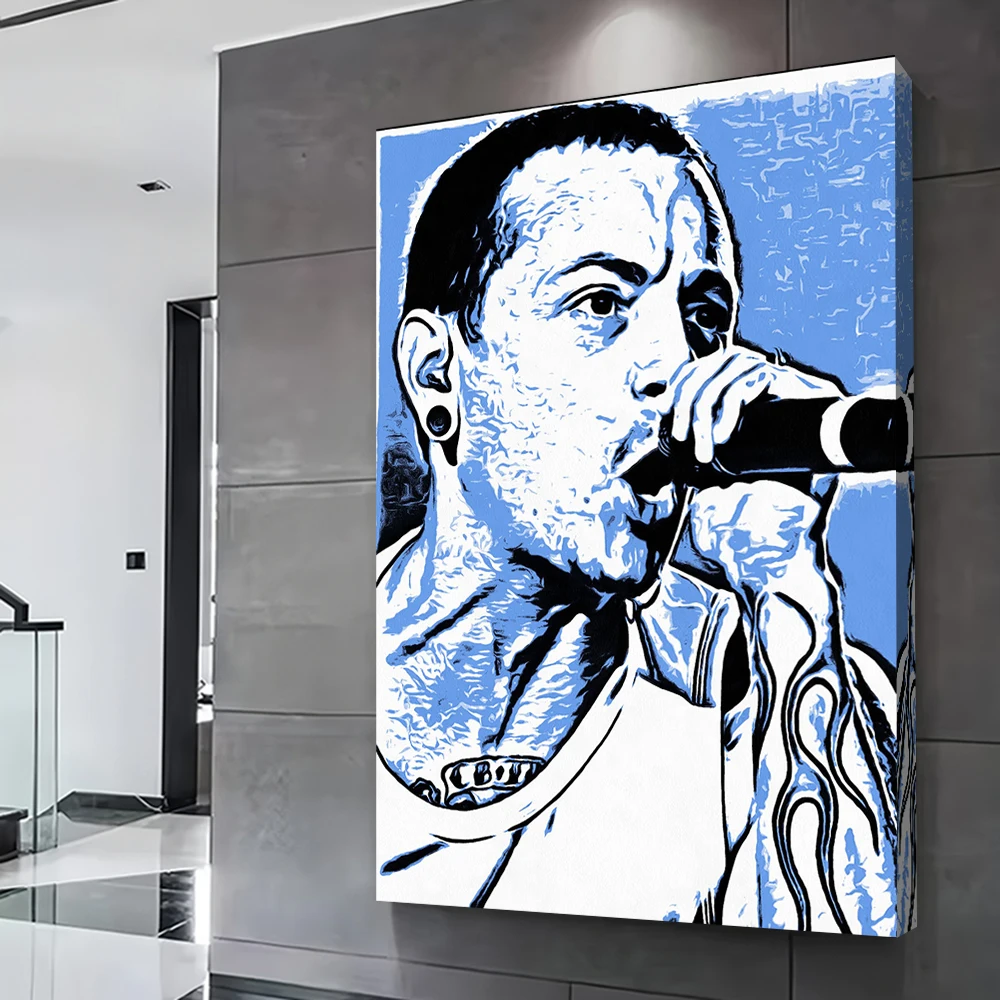 Chester Bennington Singing in Blue Tones Printed Poster Customizable Pictures Wall Art Canvas Painting for Bedroom Decoration