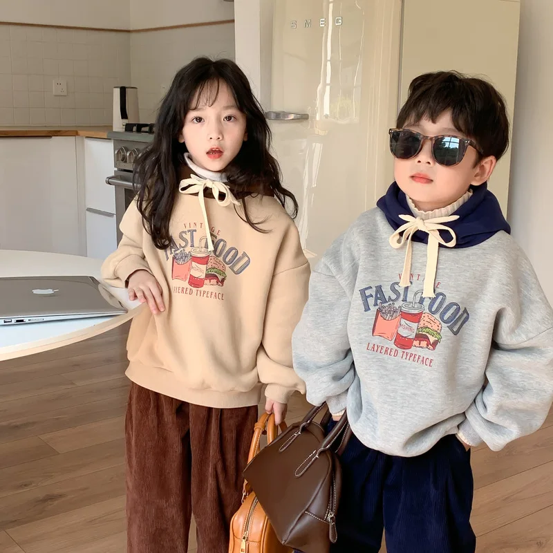 

Children's Sweater 2022 Winter Version Boys and Girls' Korean Cartoon Letter Print Hoodie Top Children's Loose Pullover Sweater