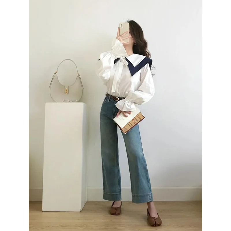 Camisas de mujer con cuello vuelto de Color sólido con botones a la moda coreana para primavera y verano, Tops elegantes de algodón de manga larga con cordón