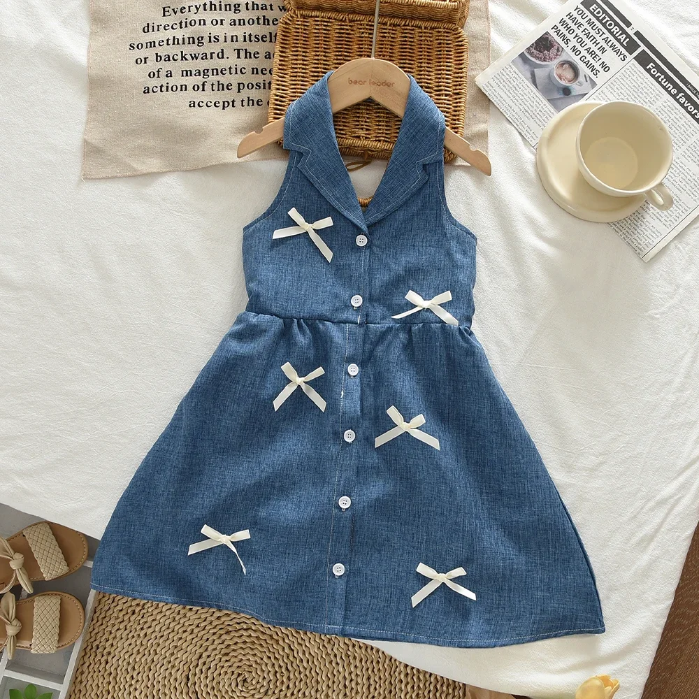 Summer Promotion Blue Casual Hanging Neck Butterfly Condensation Back Casual Dress for Girls 3-7