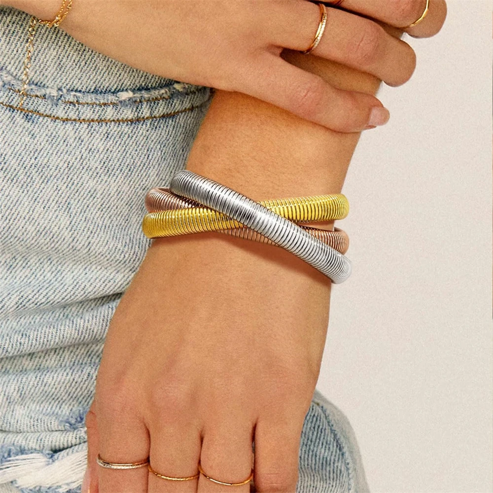 Conjunto de pulseiras flexíveis e elásticas para mulheres, banhadas a ouro 18k, pulseira robusta em camadas de aço inoxidável, pulseiras de corrente de cobra