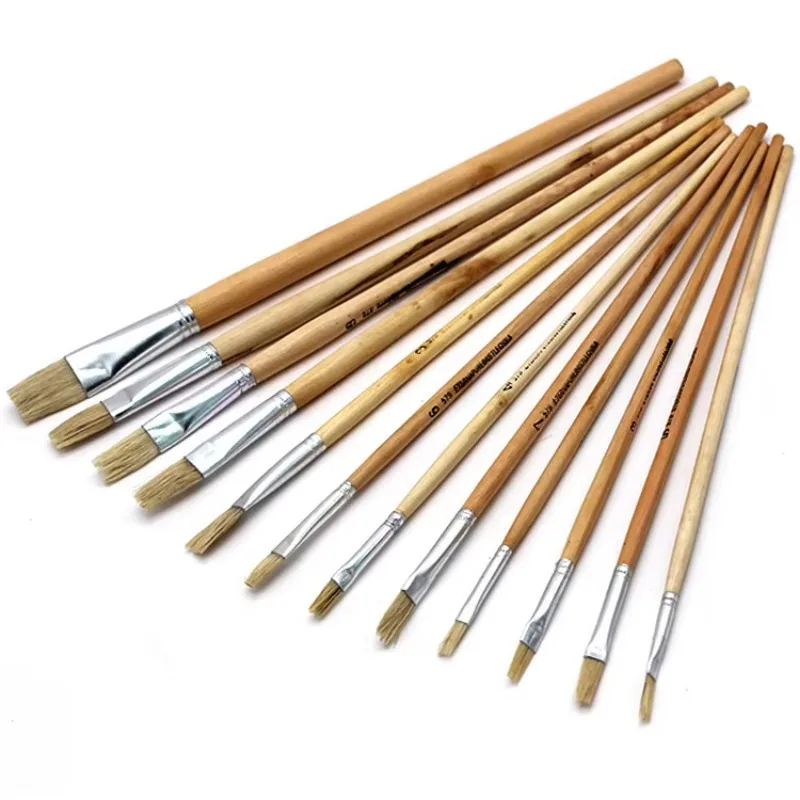 12 unids/set varilla de madera Natural cerdas de cerdo pelo duro cabeza plana fila pincel acuarela pincel pinturas acrílicas pincel suministros de arte