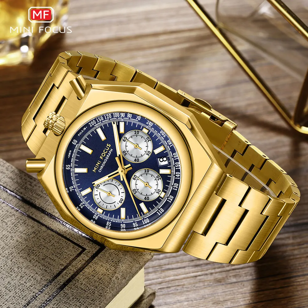 MINI FOCUS Gold Toned Stainless Steel Wristwatch for Men Fashion Waterproof Chronograph Quartz Watch with Luminous Hands 0601.04