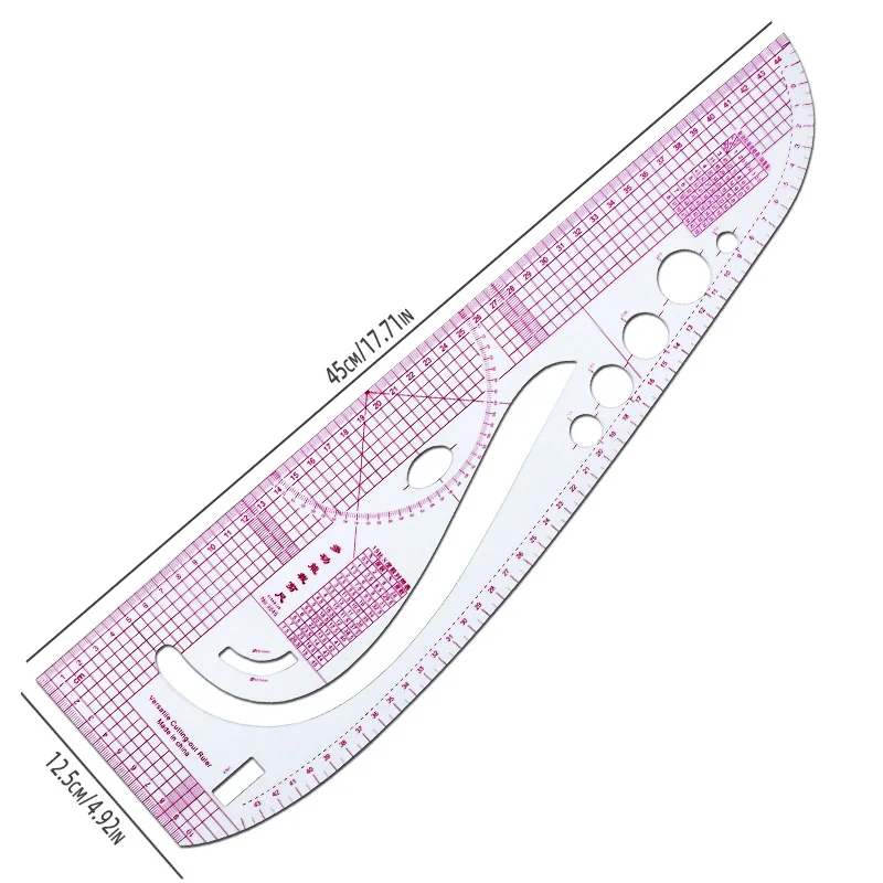 45cm/17.7" Straight & Curve Dual-Use Ruler, Built-in Scale for Sewing, Tailoring & Crafting