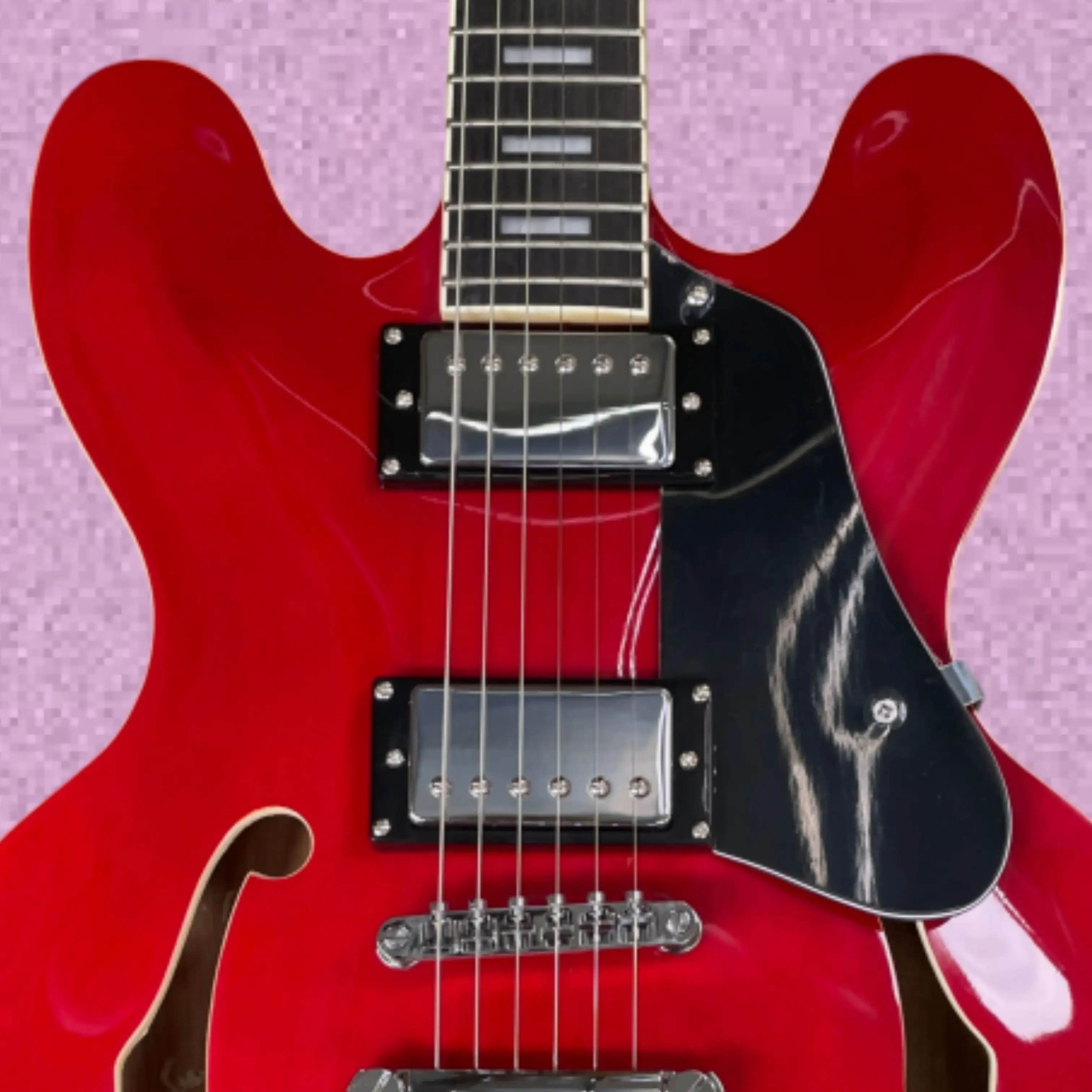 Bright Red Semi-Hollow Electric Guitar With Black Pickguard, Finely Crafted Guitars, Ideal For Practice And Performance Guitarra