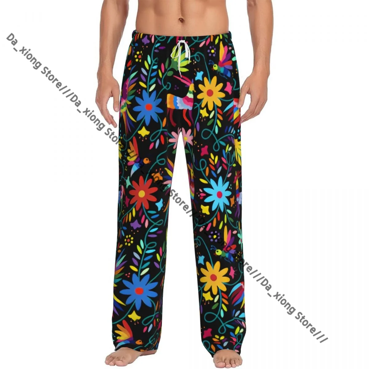 Ethnic Mexican Otomi Birds Flowers Mens Pajamas Pyjamas Pants Lounge Pants Sleep Bottoms