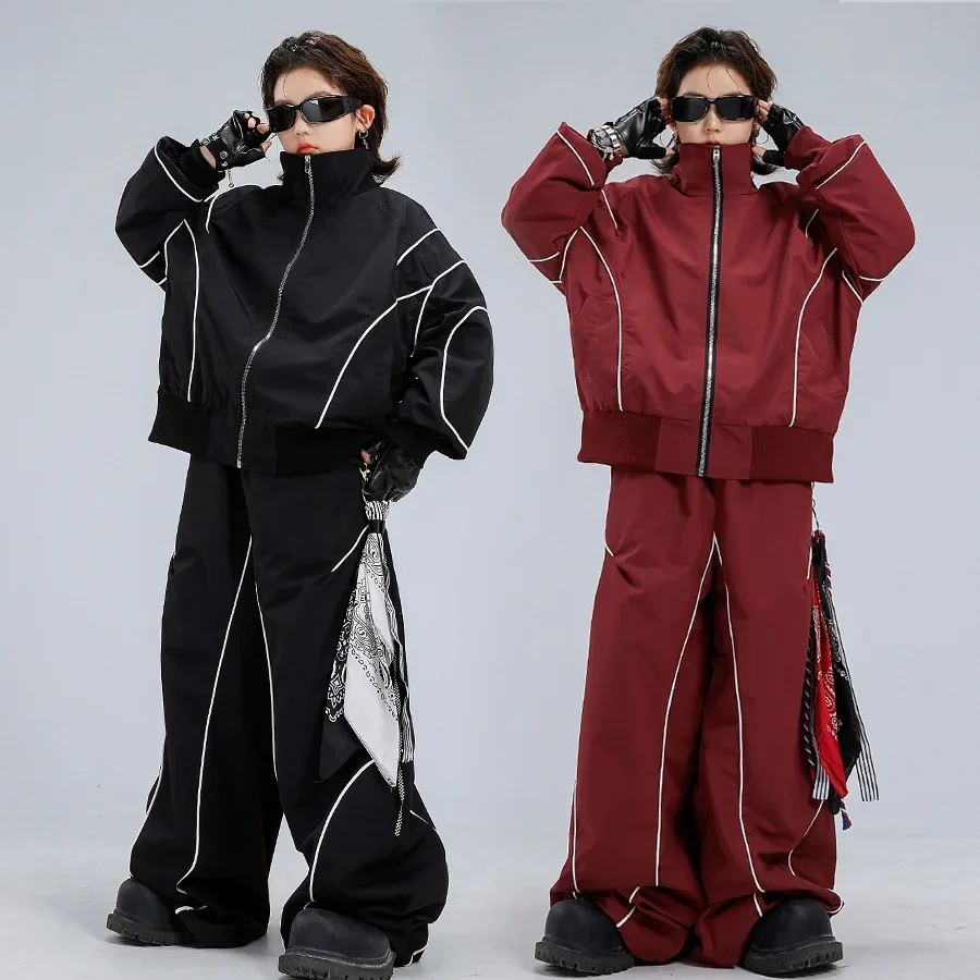 Children Boy Girl Streetwear Hip Hop Loose Casual Sport Jacket Pant Sets Kids Coat Trousers Suits Costume Dancer Team Clothes