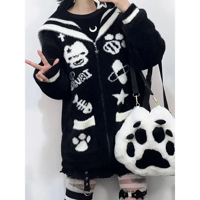 Harajuku Japanese Black White Cute Furry Sailor Neck Sweater Loose Punk Women's Autumn Winter Jacket Coat Hoodie Sweatshirt