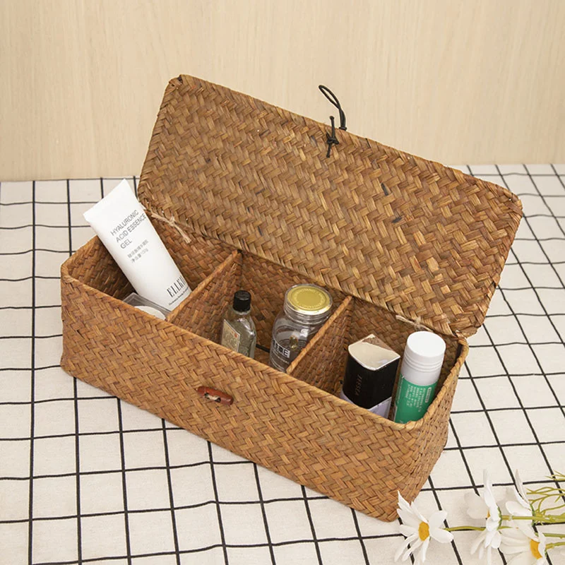 

Woven Storage Basket 3 Grid Bathroom Organizer Toilet Tank Handmade Weaving Grass Woven Storage Baskets Home Storage Basket