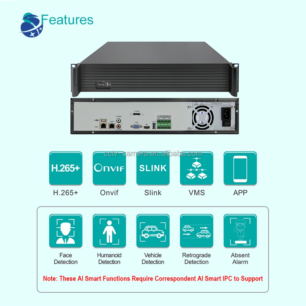 Industrial Professional 64 Channel 4K 8mp H265 AI Project NVR with RAID 0 1 5 6 10 and 9TB HDD SATA Slot