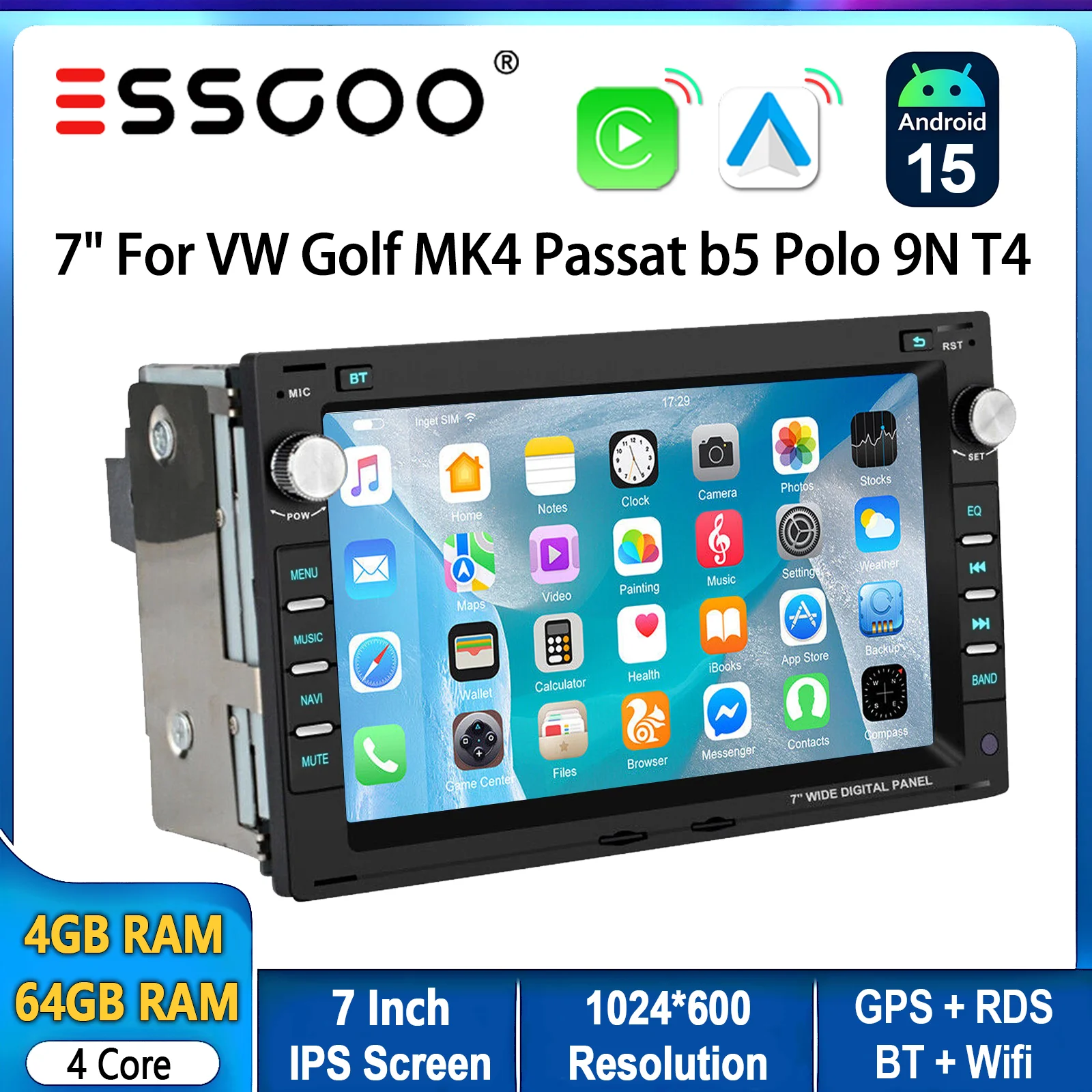 Autoradio ESSGOO Android 15 7 Zoll 64G für VW Polo 9N Golf 4 Passat B5 T5 Multivan Seat Jetta Drahtloses CarPlay Android Auto GPS Navigation FM Bluetooth RDS Lenkradsteuerung Mirror Link IPS