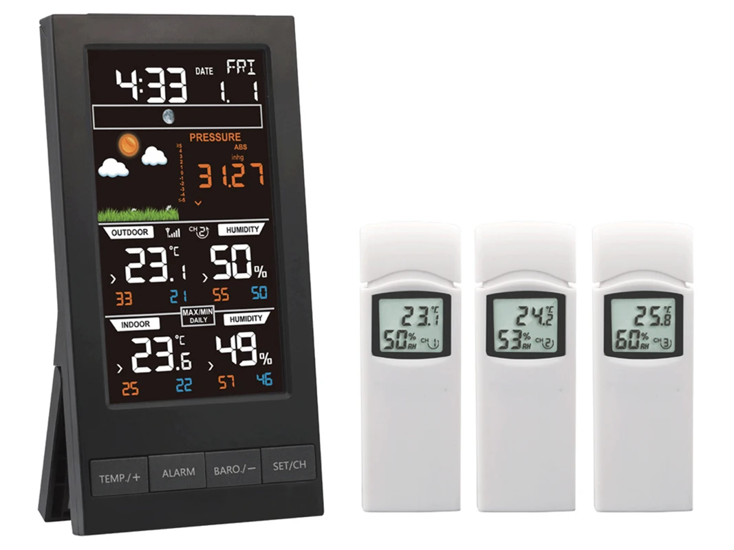 Wireless weather station with 3 sensors, 3 channels, color screen