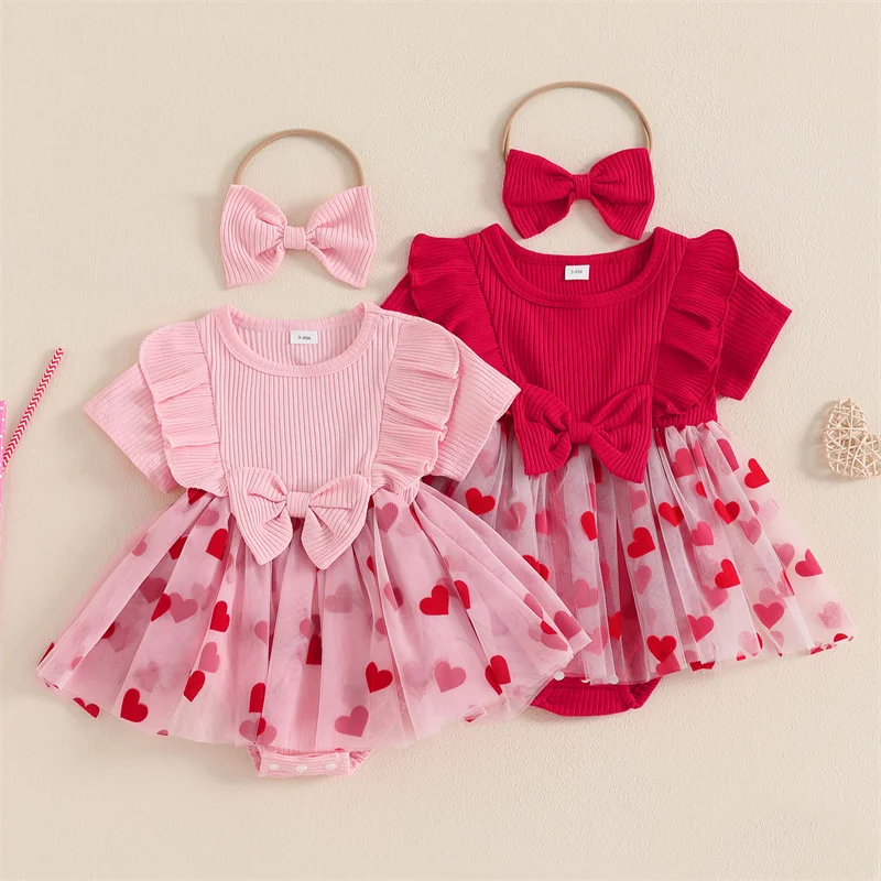 Cathery Kids Baby Girls Valentine's Day Rompers Dress Short Sleeve Heart Print Tulle Tutu Skirts Jumpsuit with Bow Headband 2025