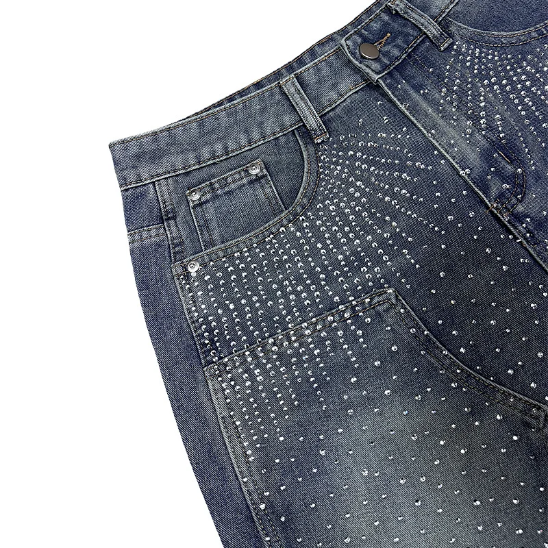 Pants Denim Men Jeans Knee Length Hot Drilling Vintage Washed High Waist Straight Trousers Y2k Streetwear Splice Casual 2026