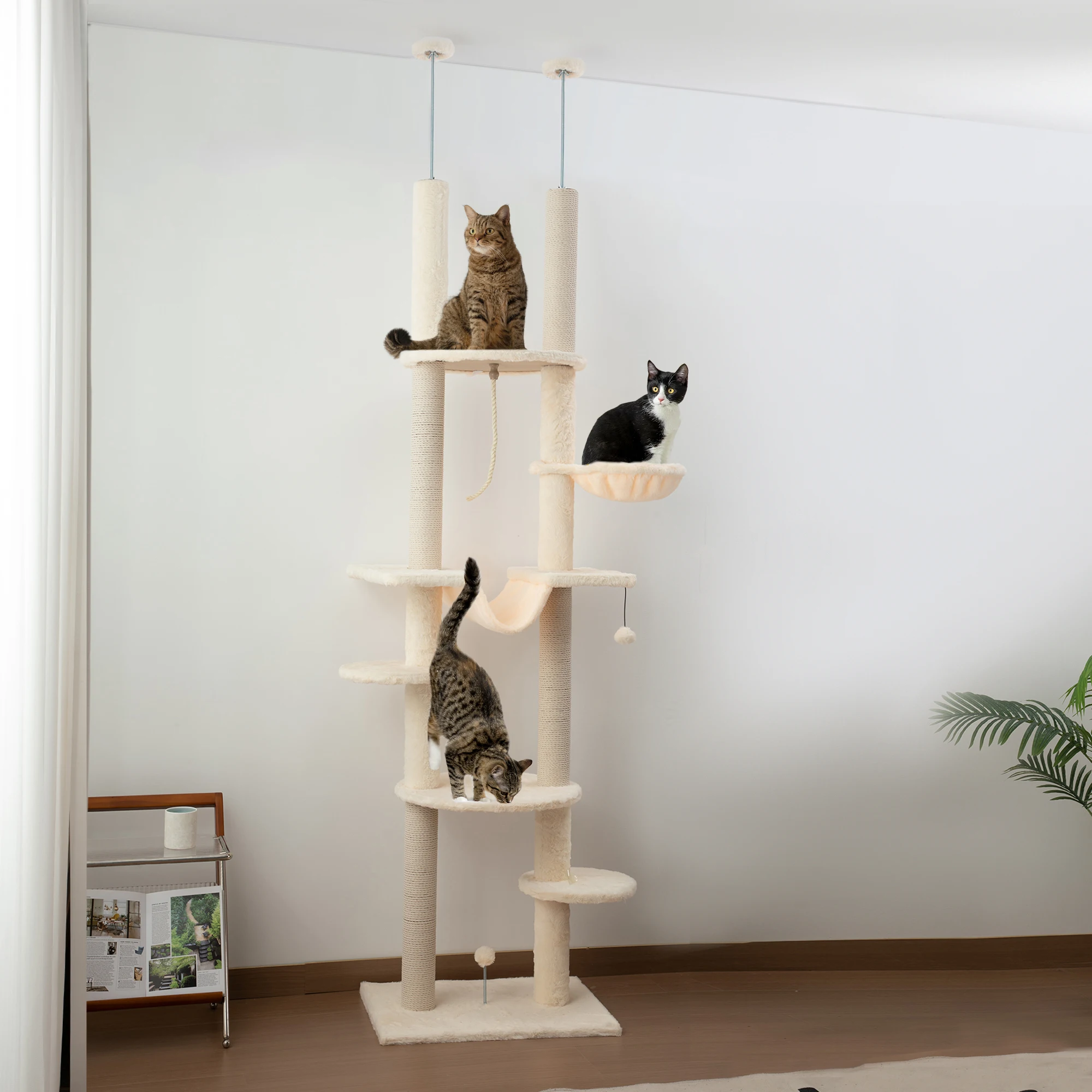 PawHut Árbol para Gatos de Suelo a Techo con Altura Ajustable 225-255 cm