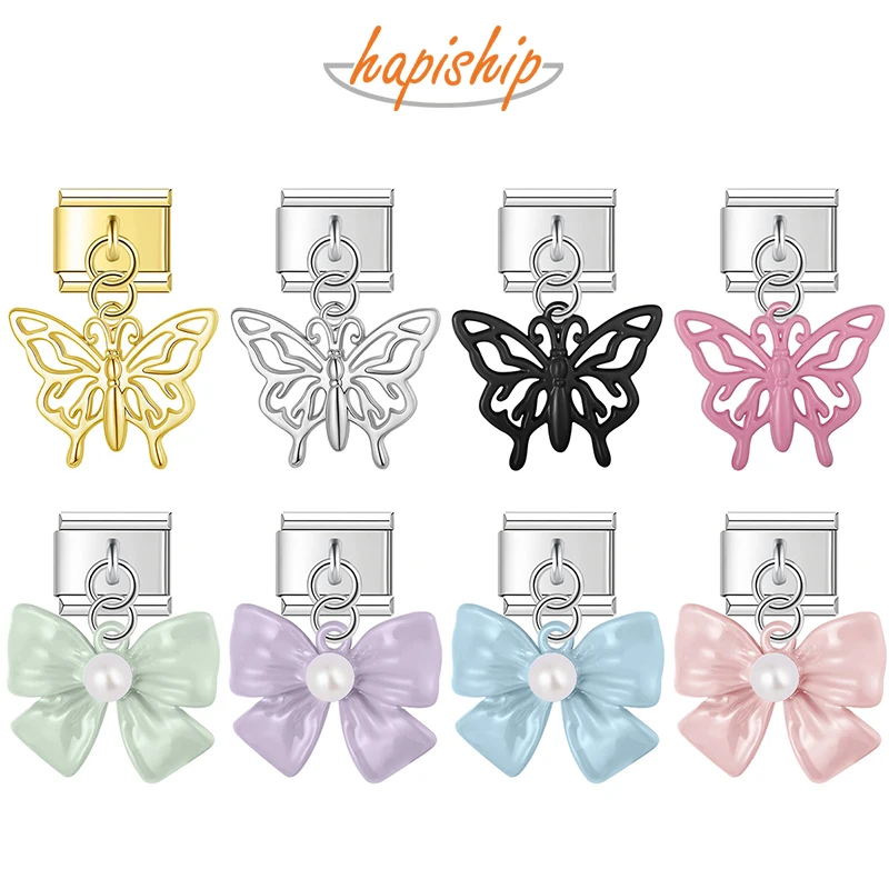 Hapiship 2025 Wholesale Colors Butterfly Bow Italian Charm Fit 9mm Stainless Steel Bracelet Drop Shipping Women Jewelry DJ1428