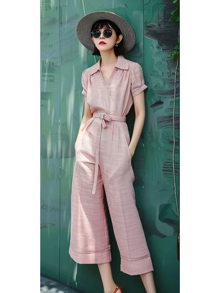 

Hebe Style High End Elegant Lady Ultra Cotton Linen Pink Overalls Women's Summer New Arrival Thin Long Pants